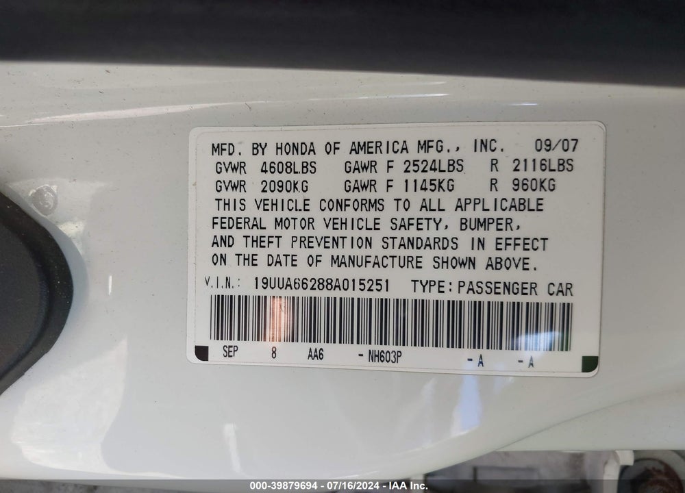 2008 ACURA TL 3.2 VIN: 19UUA66288A015251