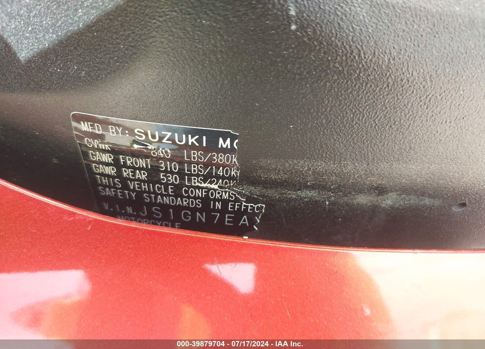 2009 SUZUKI GSX-R600 VIN: JS1GN7EAX92101620