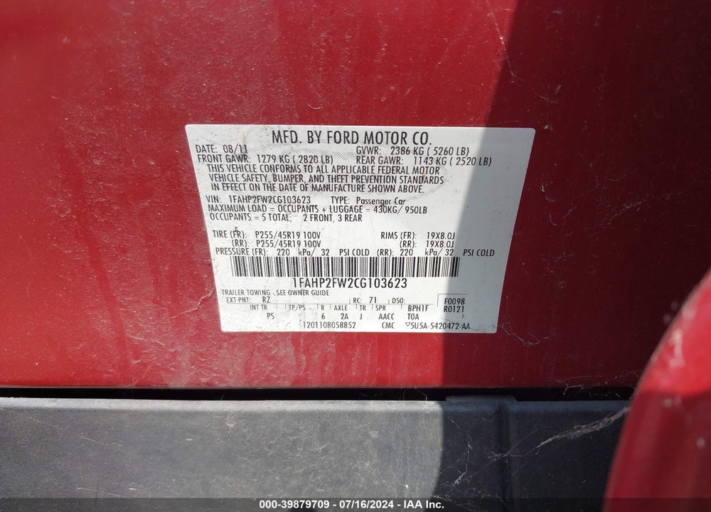 2012 FORD TAURUS LIMITED VIN: 1FAHP2FW2CG103623