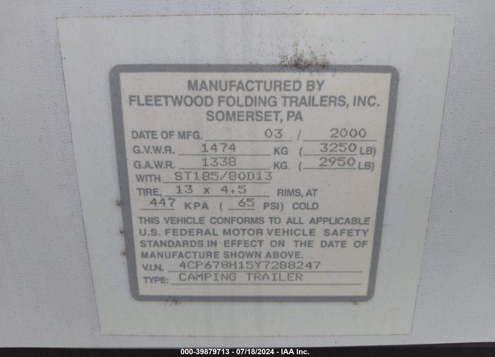 2000 COLEMAN OTHER VIN: 4CP678H15Y7288247