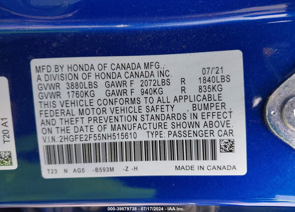 2022 HONDA CIVIC VIN: 2HGFE2F55NH515610