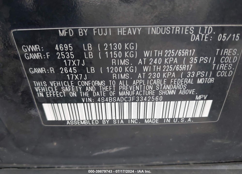 2015 SUBARU OUTBACK VIN: 4S4BSADC3F3342560