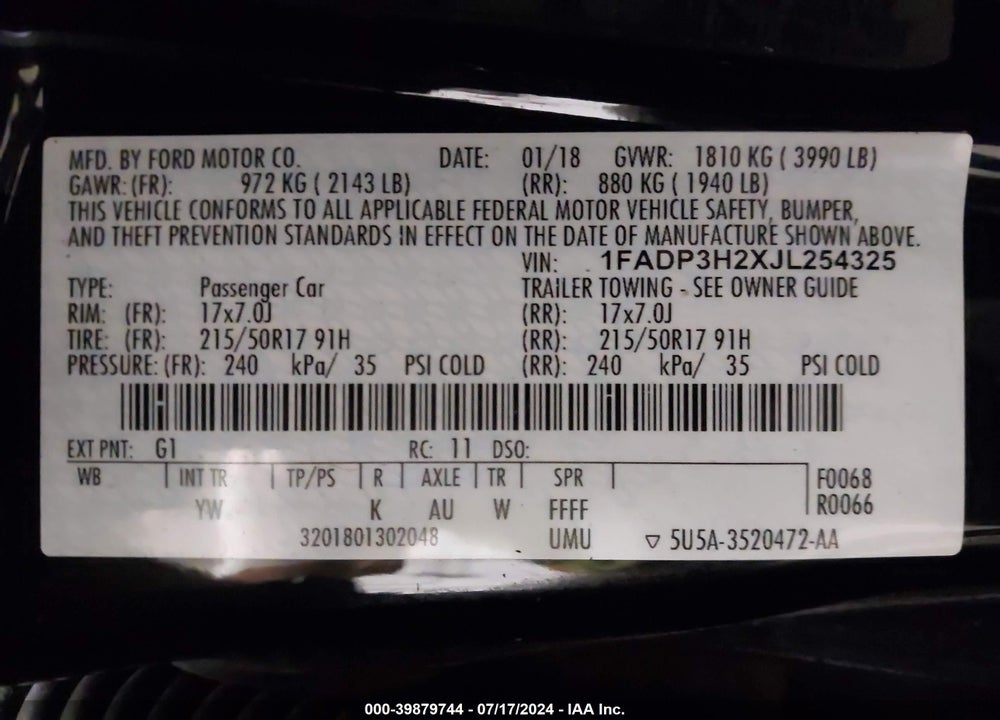 2018 FORD FOCUS SEL VIN: 1FADP3H2XJL254325