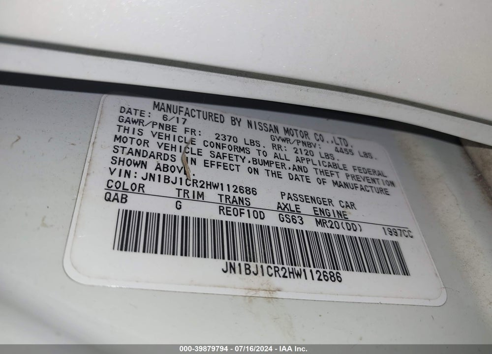 2017 NISSAN ROGUE SPORT SL VIN: JN1BJ1CR2HW112686