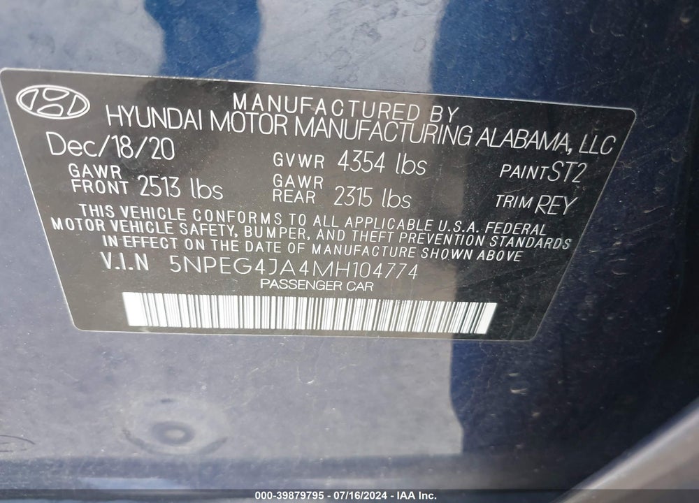 2021 HYUNDAI SONATA SE VIN: 5NPEG4JA4MH104774