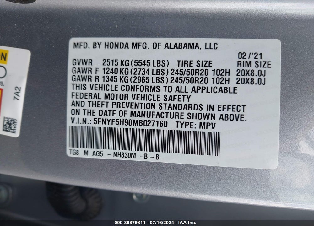 2021 HONDA PILOT 2WD TOURING 8 PASSENGER VIN: 5FNYF5H90MB027160