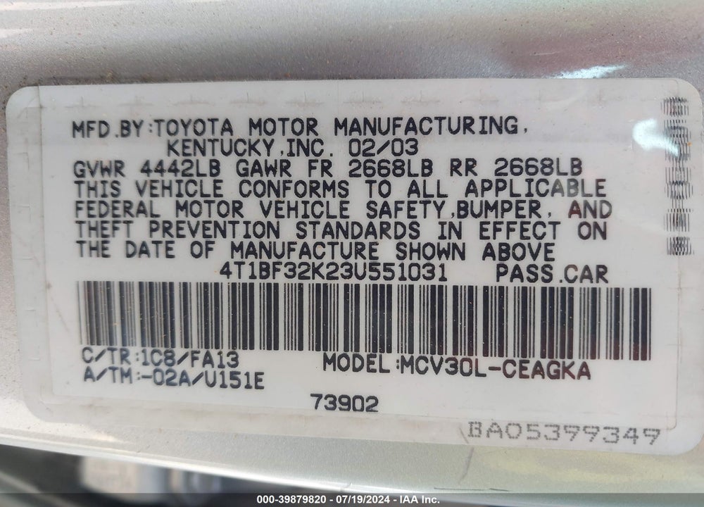 2003 TOYOTA CAMRY XLE V6 VIN: 4T1BF32K23U551031