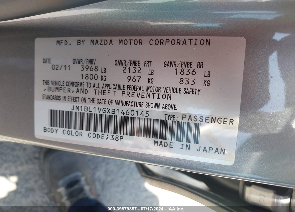 2011 MAZDA 3 I TOURING VIN: JM1BL1VGXB1460145
