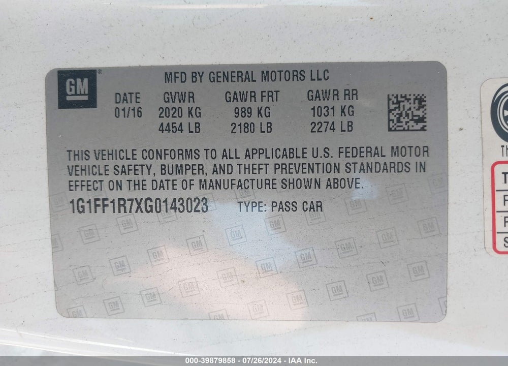 2016 CHEVROLET CAMARO 1SS VIN: 1G1FF1R7XG0143023