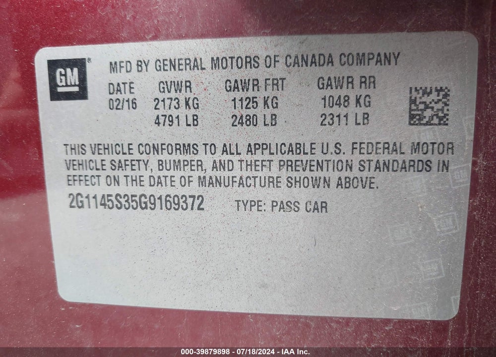 2016 CHEVROLET IMPALA 2LZ VIN: 2G1145S35G9169372