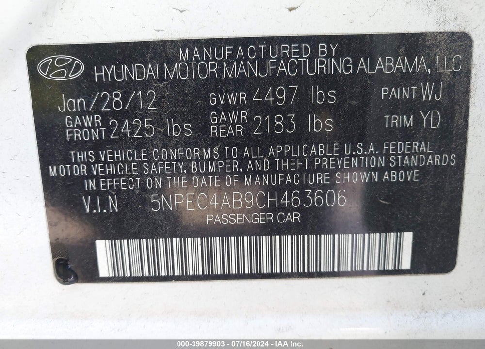 2012 HYUNDAI SONATA LIMITED 2.0T VIN: 5NPEC4AB9CH463606