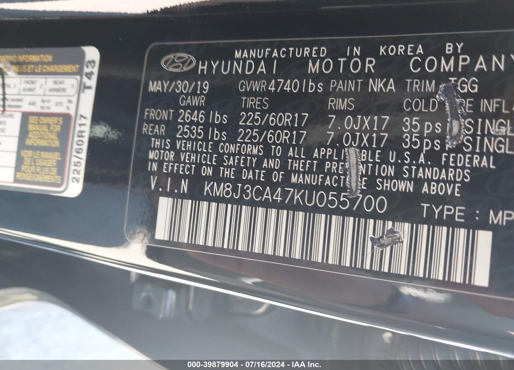 2019 HYUNDAI TUCSON VALUE VIN: KM8J3CA47KU055700