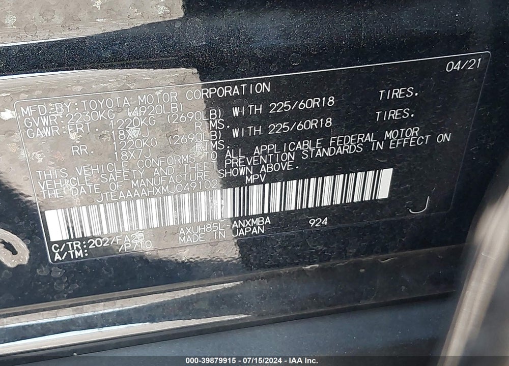 2021 TOYOTA VENZA LE/XLE/LIMITED VIN: JTEAAAAHXMJ049102