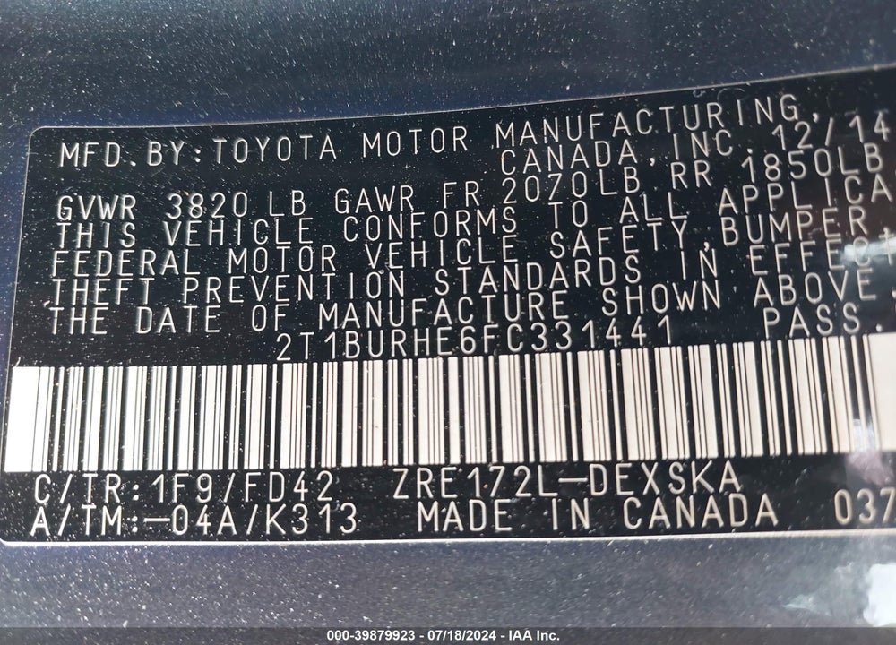 2015 TOYOTA COROLLA S PLUS VIN: 2T1BURHE6FC331441