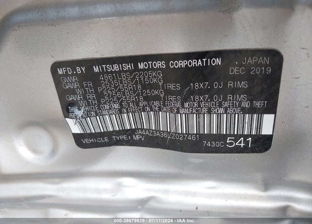 2020 MITSUBISHI OUTLANDER SEL 2.4 S-AWC VIN: JA4AZ3A36LZ027461