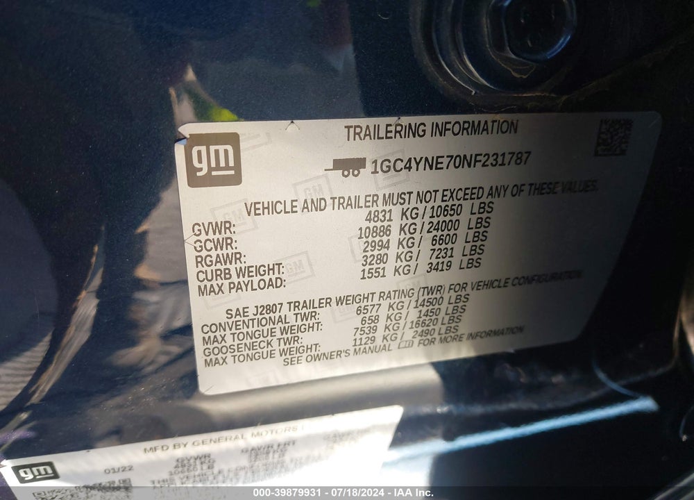 2022 CHEVROLET SILVERADO 2500HD 4WD STANDARD BED LT VIN: 1GC4YNE70NF231787
