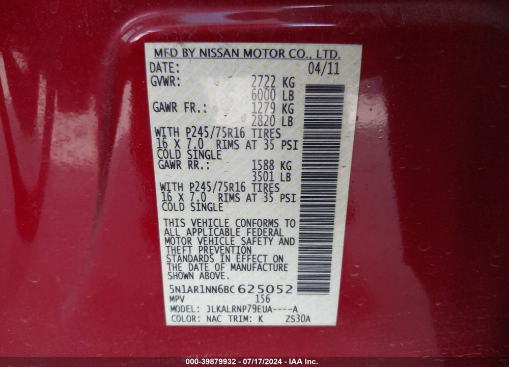 2011 NISSAN PATHFINDER S VIN: 5N1AR1NN6BC625052