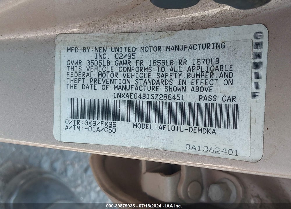 1995 TOYOTA COROLLA VIN: 1NXAE04B1SZ286451