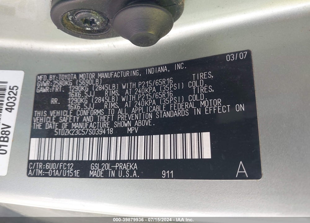 2007 TOYOTA SIENNA LE VIN: 5TDZK23C57S039418