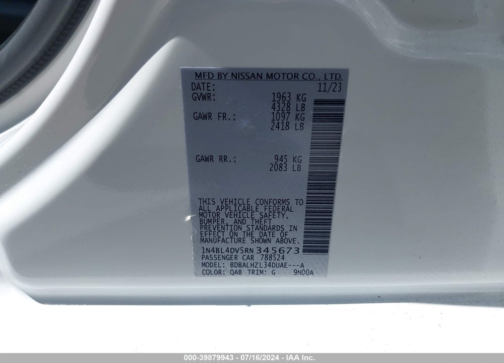 2024 NISSAN ALTIMA SV FWD VIN: 1N4BL4DV5RN345673