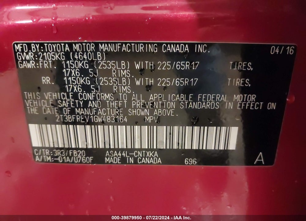 2016 TOYOTA RAV4 LE VIN: 2T3BFREV1GW483164