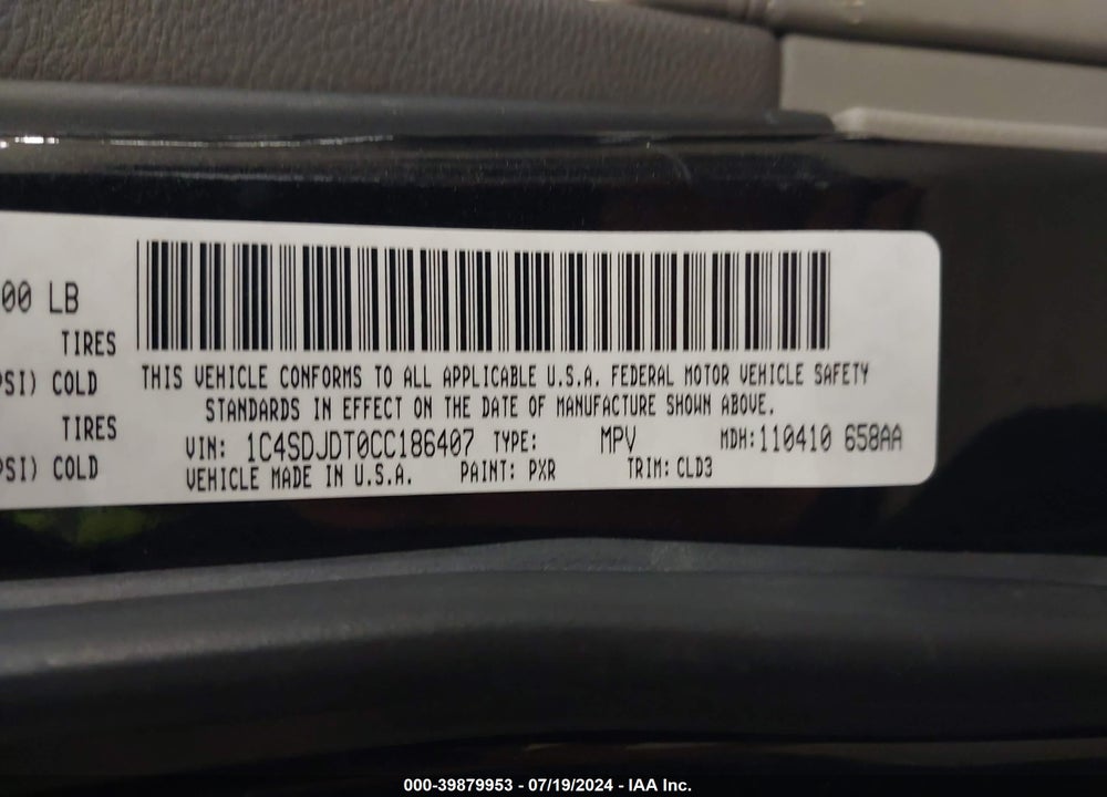 2012 DODGE DURANGO CREW VIN: 1C4SDJDT0CC186407