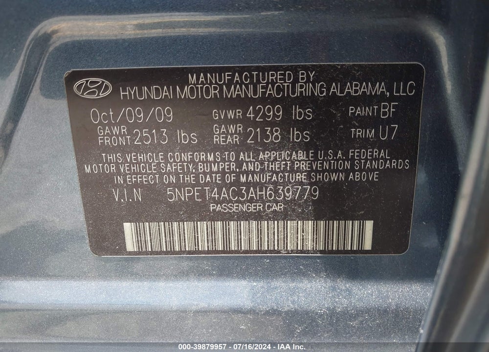 2010 HYUNDAI SONATA GLS VIN: 5NPET4AC3AH639779