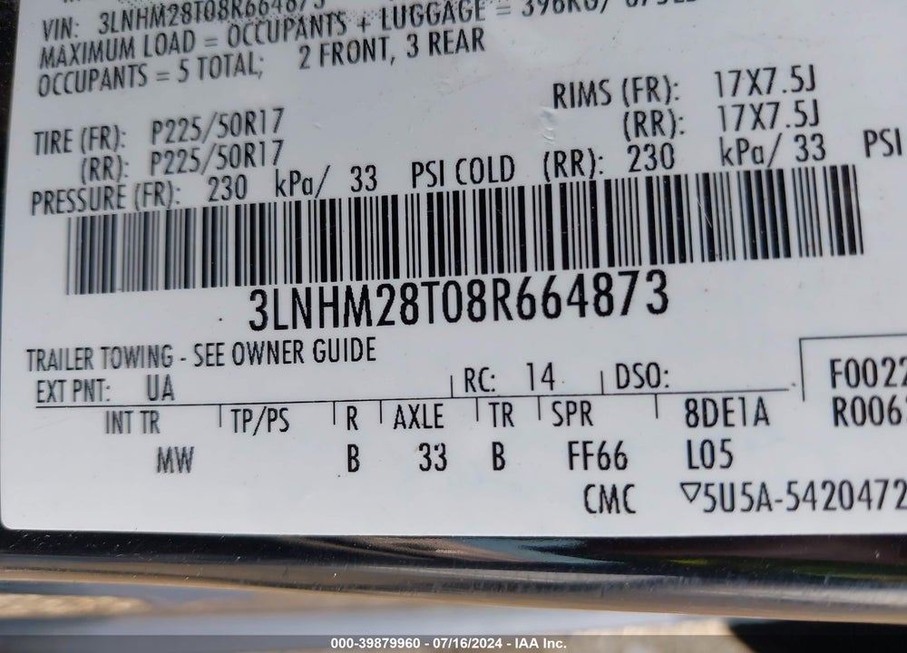 2008 LINCOLN MKZ VIN: 3LNHM28T08R664873