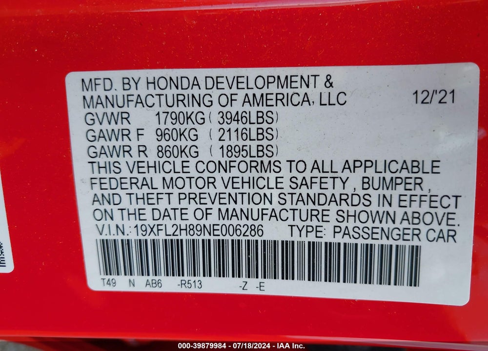 2022 HONDA CIVIC SPORT VIN: 19XFL2H89NE006286