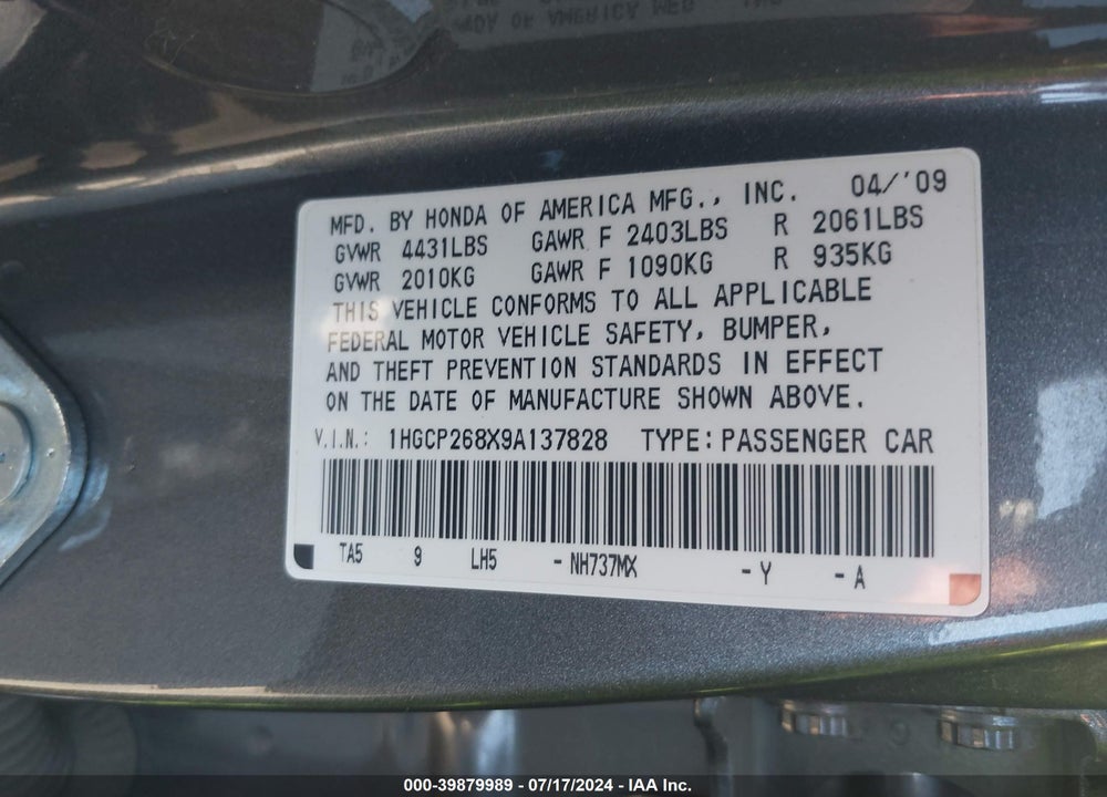 2009 HONDA ACCORD 2.4 EX-L VIN: 1HGCP268X9A137828