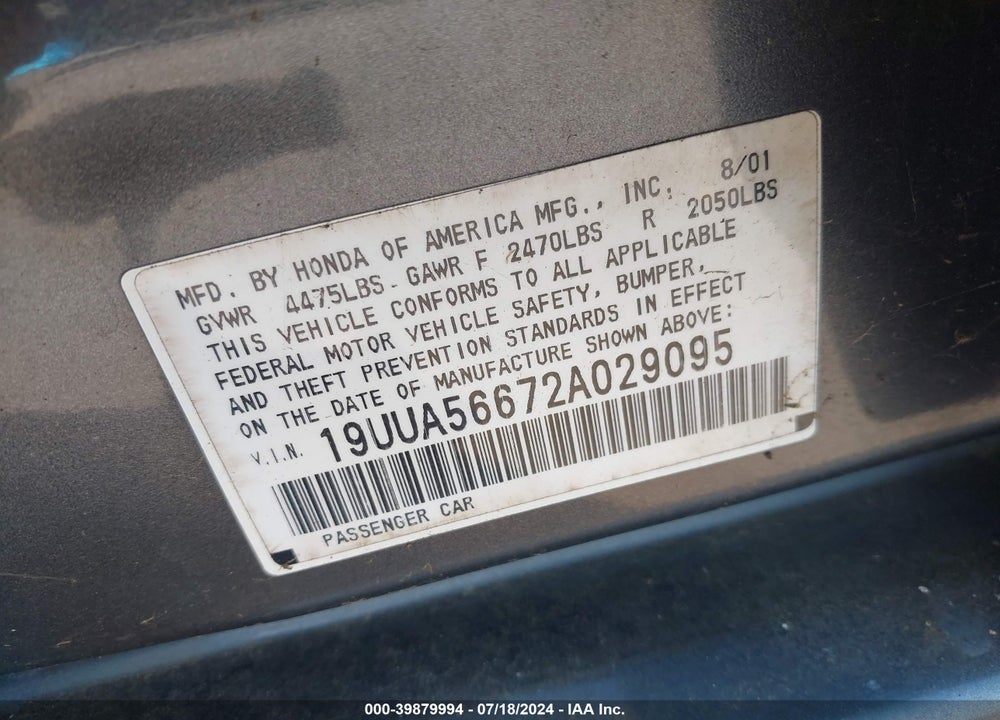 2002 ACURA TL 3.2 VIN: 19UUA56672A029095