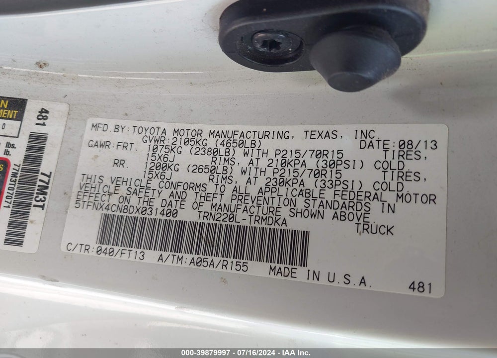 2013 TOYOTA TACOMA VIN: 5TFNX4CN8DX031400
