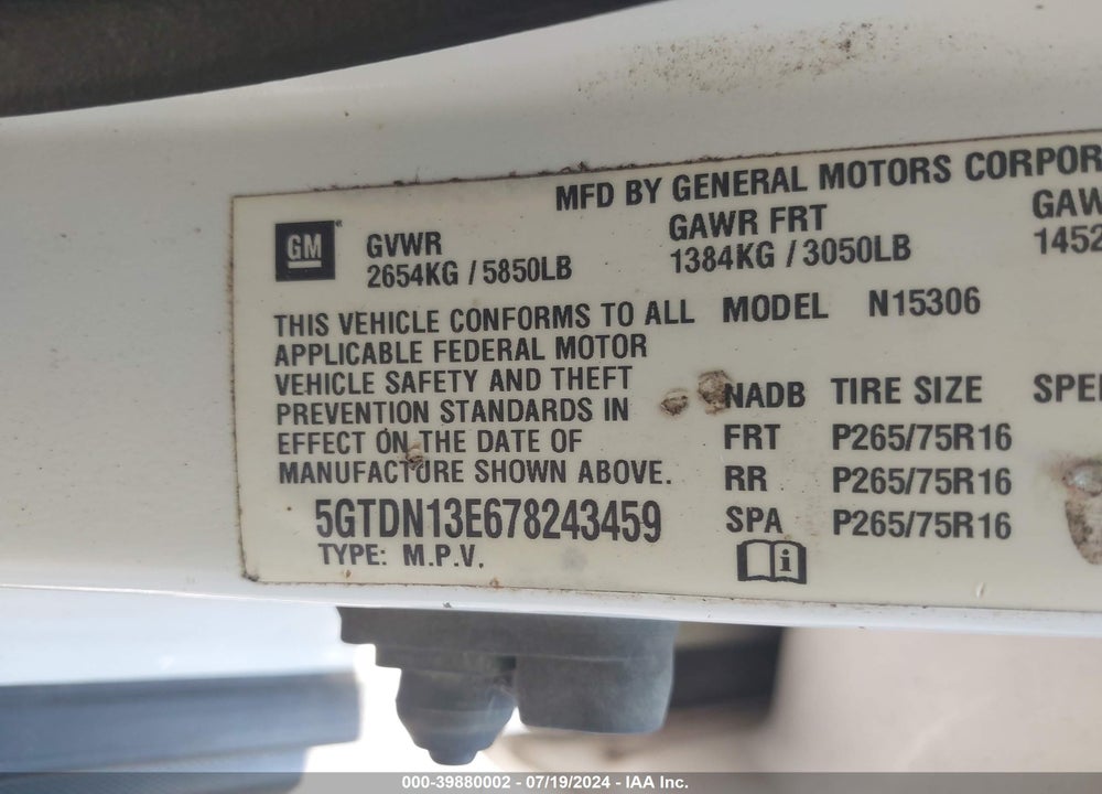 2007 HUMMER H3 SUV VIN: 5GTDN13E678243459
