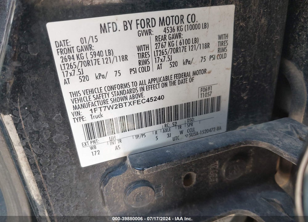 2015 FORD F-250 XL VIN: 1FT7W2BTXFEC45240