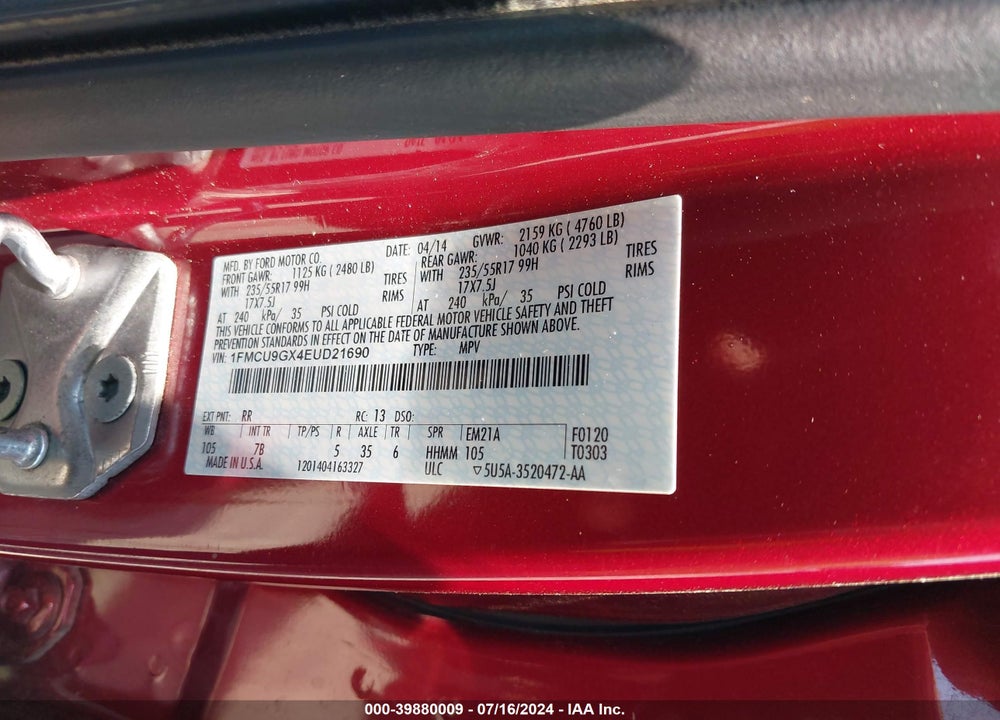 2014 FORD ESCAPE VIN: 1FMCU9GX4EUD21690