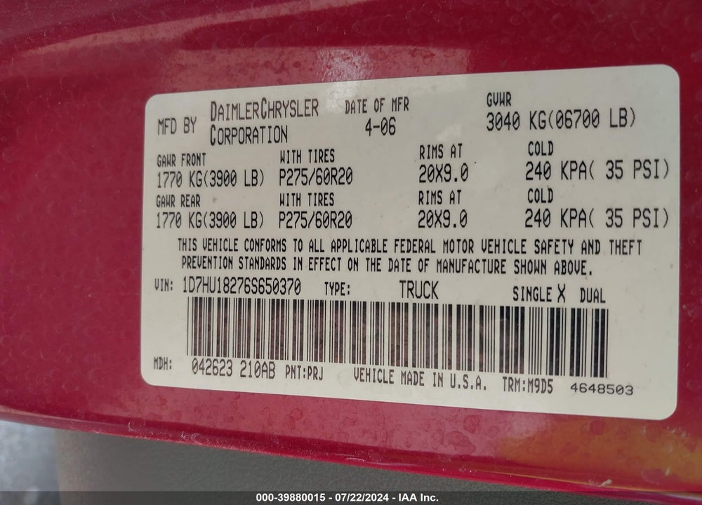 2006 DODGE RAM 1500 VIN: 1D7HU18276S650370