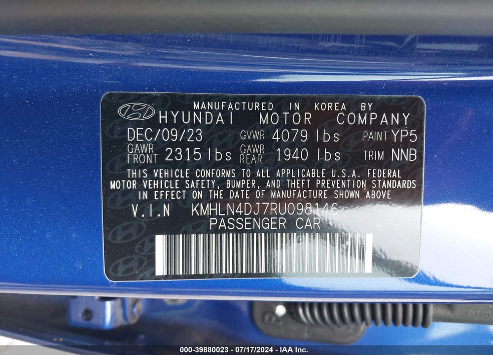 2024 HYUNDAI ELANTRA HYBRID LIMITED VIN: KMHLN4DJ7RU098146