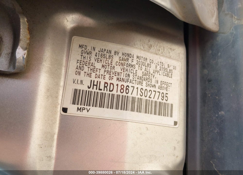 2001 HONDA CR-V EX VIN: JHLRD18671S027795