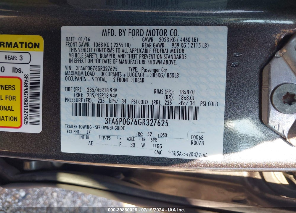 2016 FORD FUSION S VIN: 3FA6P0G76GR327625