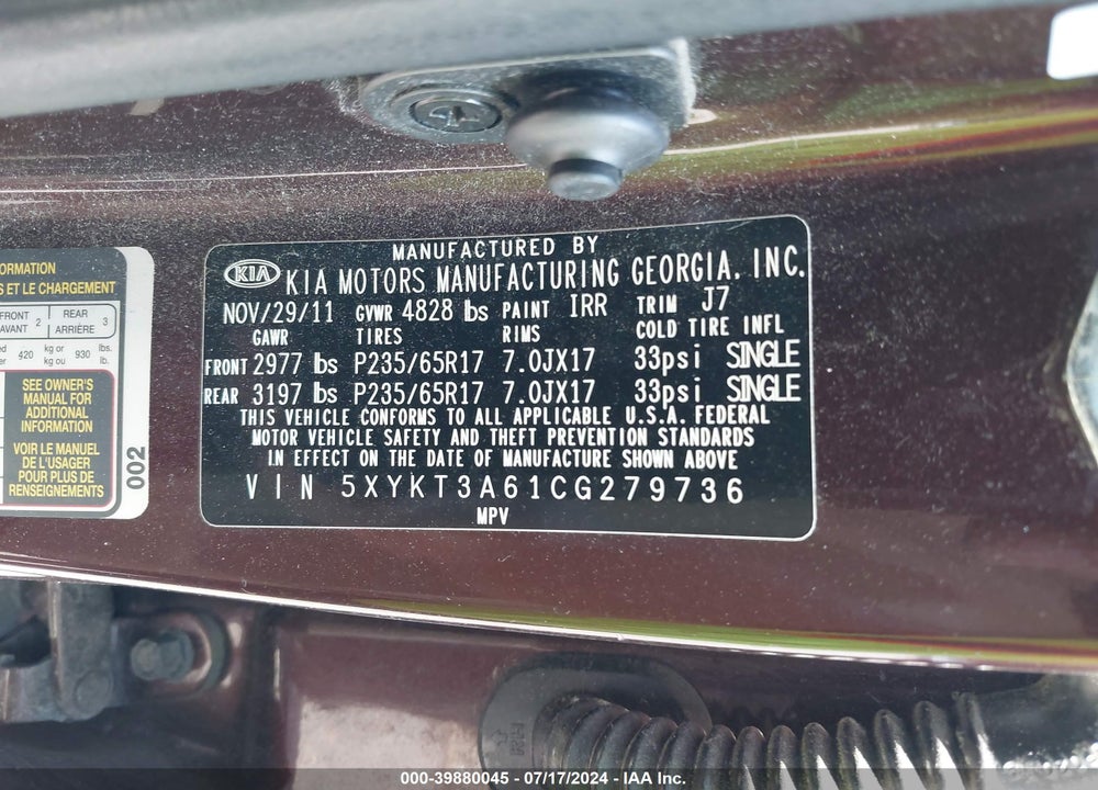 2012 KIA SORENTO LX VIN: 5XYKT3A61CG279736