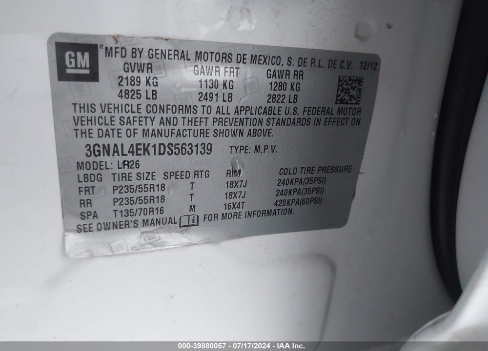 2013 CHEVROLET CAPTIVA SPORT LTZ VIN: 3GNAL4EK1DS563139