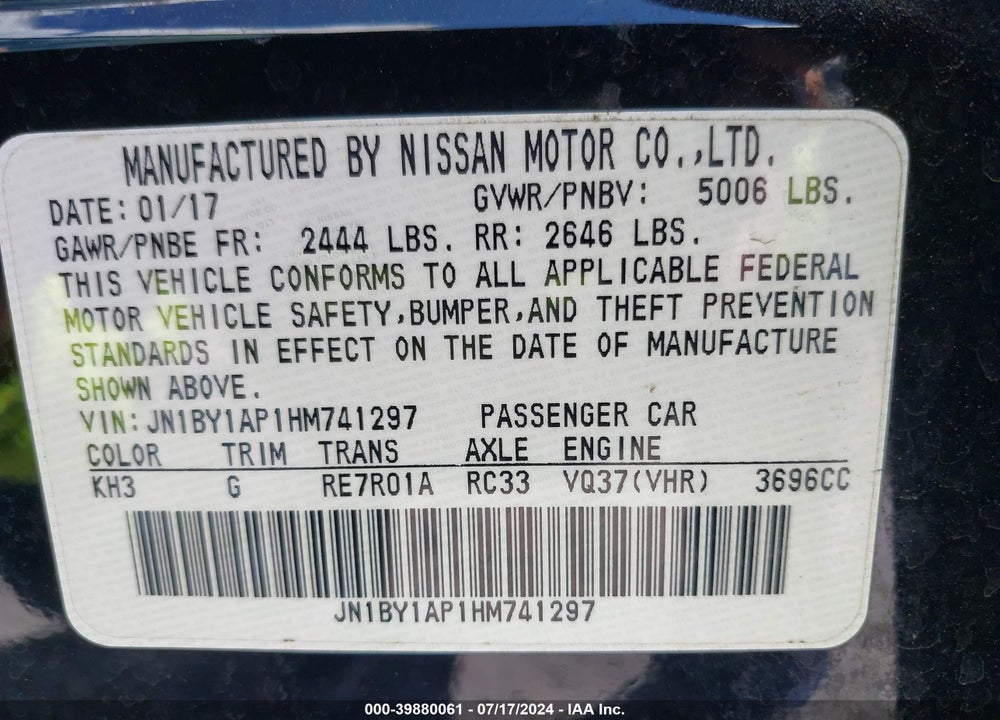 2017 INFINITI Q70 3.7 VIN: JN1BY1AP1HM741297