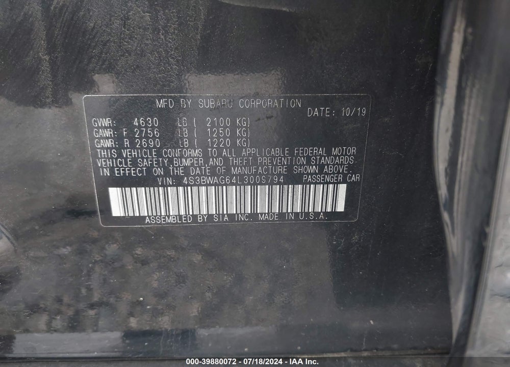 2020 SUBARU LEGACY SPORT VIN: 4S3BWAG64L3009794