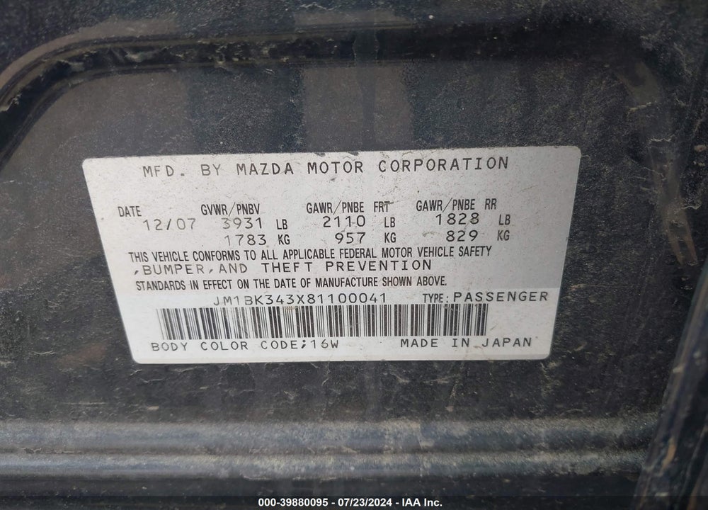 2008 MAZDA 3 S SPORT VIN: JM1BK343X81100041