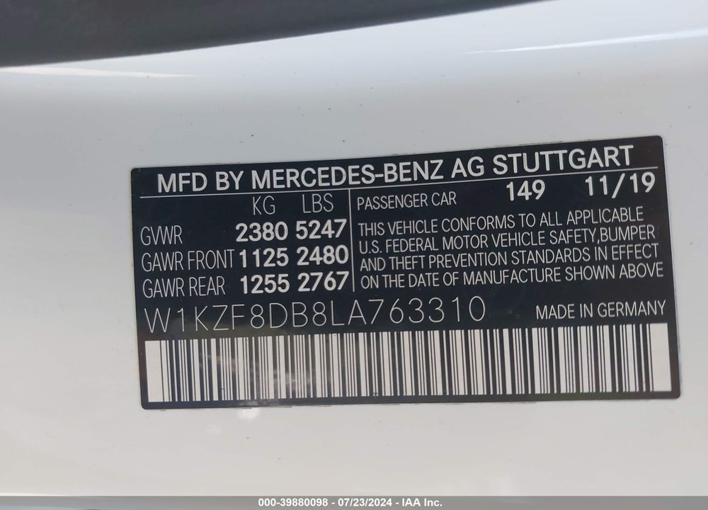 2020 MERCEDES-BENZ E 350 VIN: W1KZF8DB8LA763310