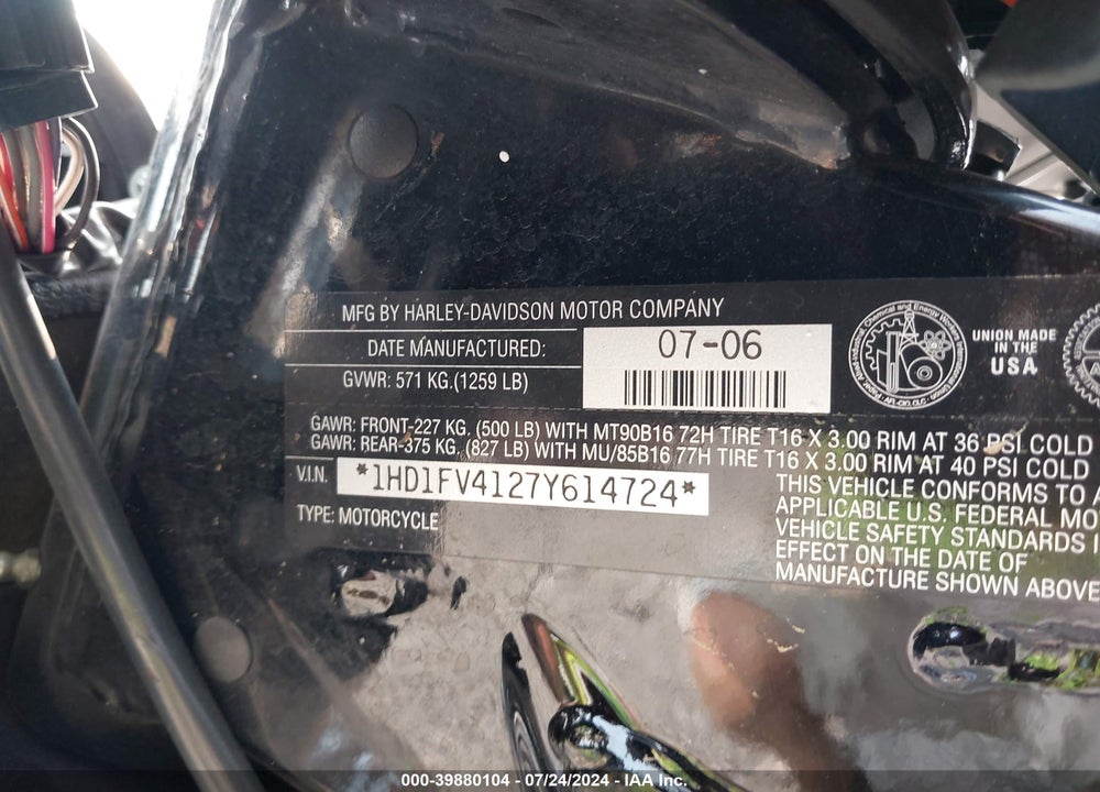 2007 HARLEY-DAVIDSON FLHT VIN: 1HD1FV4127Y614724