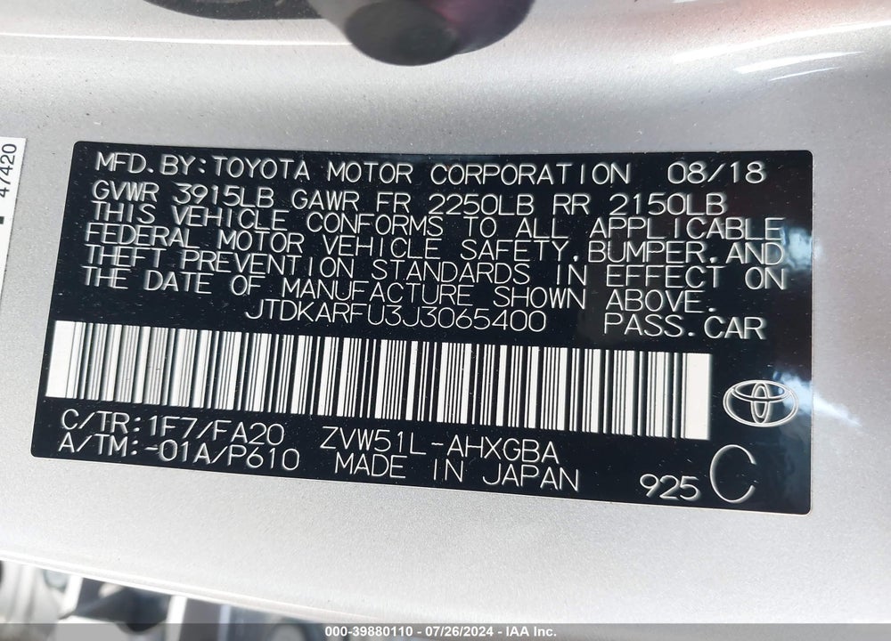 2018 TOYOTA PRIUS THREE VIN: JTDKARFU3J3065400