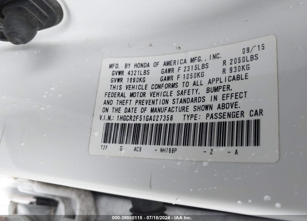 2016 HONDA ACCORD SPORT VIN: 1HGCR2F51GA027358