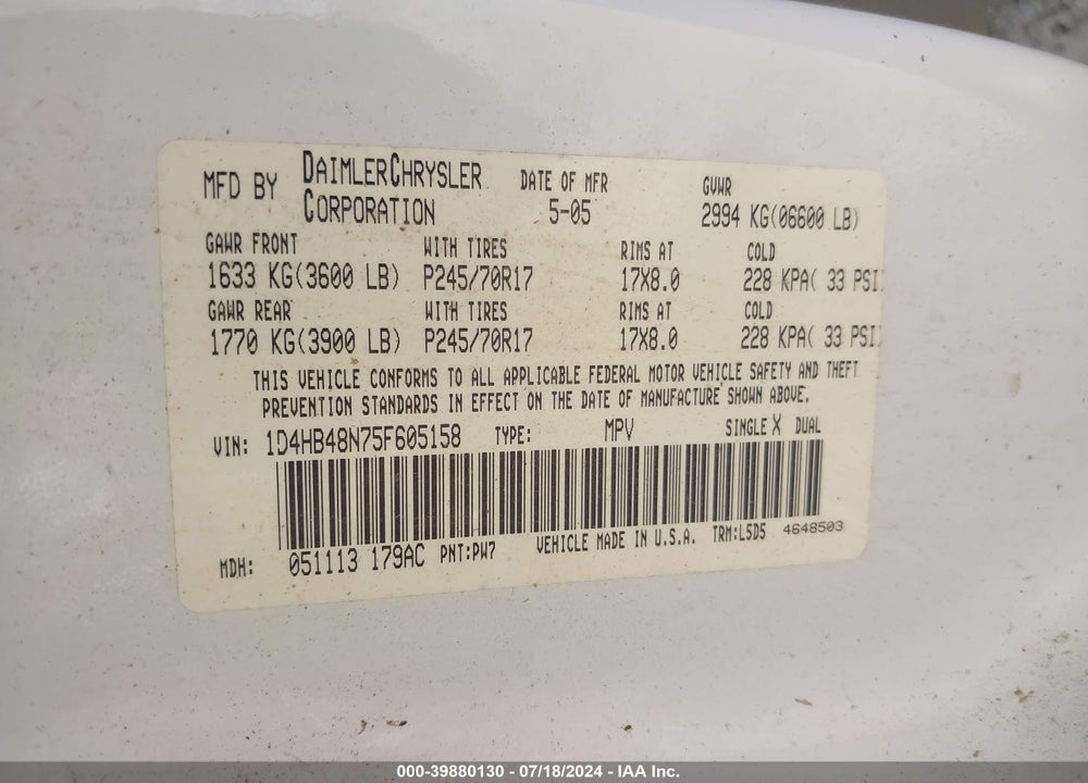 2005 DODGE DURANGO SLT VIN: 1D4HB48N75F605158