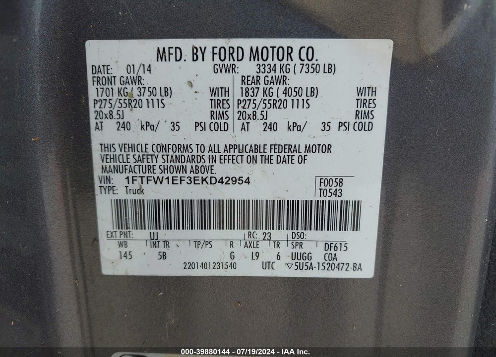 2014 FORD F-150 FX4 VIN: 1FTFW1EF3EKD42954